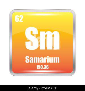 Icona del samario. Elemento chimico SM. Numero atomico 62. Massa 150.36. Immagine quadrata arancione. Illustrazione Vettoriale