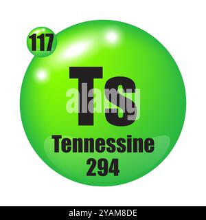 Icona di TANNINE. Elemento chimico TS. Numero atomico 117. Massa 294. Immagine sfera verde. Simbolo vettoriale. Illustrazione Vettoriale