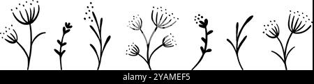 Set di schizzi floreali neri. Collezione di elementi botanici disegnati a mano. Fiori di doodle, foglie e rami per la decorazione. Confezione illustrativa di piante ed erbe semplici. Vettore Illustrazione Vettoriale