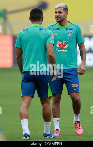 Brasilia, Brasile, 14 ottobre 2024. Bruno Guimaraes del Brasile, guarda durante la sessione di allenamento, allo stadio Mane Garrincha, a Brasilia, Brasile, il 14 ottobre 2024. La squadra si sta preparando ad affrontare il Perù nel decimo turno delle qualificazioni sudamericane per la Coppa del mondo FIFA 2026. Foto: Heuler Andrey/DiaEsportivo/Alamy Live News Foto Stock