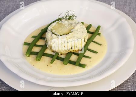 Cucina sveva, luccio-perch al forno su fagioli principessa con salsa al limone, piatto di pesce, filetto di luccio-perco, zucchine, fagiolini, aneto, antipasto, da t Foto Stock