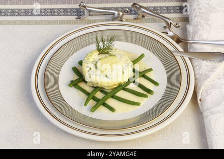 Cucina sveva, luccio-perch al forno su fagioli principessa con salsa al limone, piatto di pesce, filetto di luccio-perco, zucchine, fagiolini, aneto, antipasto, da t Foto Stock