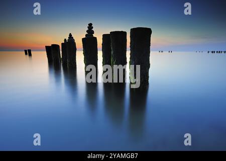 Piramidi di pietra su vecchi groynes con alghe in acqua sulla spiaggia del Mar Baltico, lunga esposizione al tramonto, Wustrow, Fischland-Darss-Zingst peninsu Foto Stock