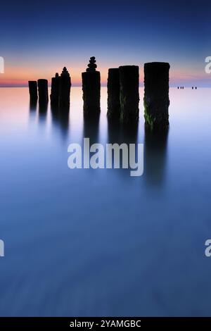 Piramidi di pietra su vecchi groynes con alghe in acqua sulla spiaggia del Mar Baltico, lunga esposizione al tramonto, Wustrow, Fischland-Darss-Zingst peninsu Foto Stock