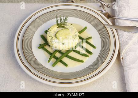 Cucina sveva, luccio-perch al forno su fagioli principessa con salsa al limone, piatto di pesce, filetto di luccio-perco, zucchine, fagiolini, aneto, antipasto, da t Foto Stock