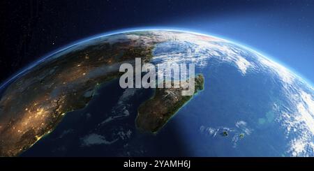 Terra estremamente dettagliata con atmosfera, sollievo esagerato e città inondate di luce. Passaggio dalla notte al giorno. Africa e Madagascar. Rendering 3D. Foto Stock