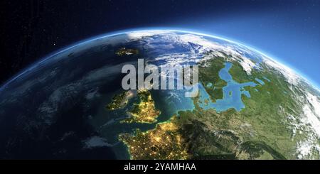 Terra estremamente dettagliata con atmosfera, sollievo esagerato e città inondate di luce. Passaggio dalla notte al giorno. Regno Unito e Mare del Nord. 3D. Foto Stock