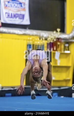 Una ginnasta dai colori vivaci perfeziona i suoi allenamenti in palestra prima di una gara, mostrando agilità, forza e grazia in ogni mossa Foto Stock