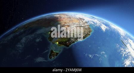 Terra estremamente dettagliata con atmosfera, sollievo esagerato e città inondate di luce. Passaggio dalla notte al giorno. Australia e Tasmania. Rendering 3D. Foto Stock