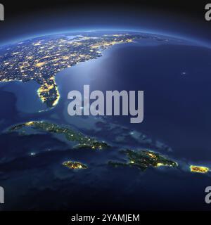 Pianeta notturno Terra con dettagli precisi in rilievo e luci della città illuminate dalla luce della luna. Sud America. Isole caraibiche. Cuba, Haiti, Giamaica. Elem Foto Stock