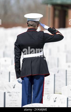 Un momento toccante si svolge mentre un Marine gioca a rubinetti, onorando un veterano caduto con un solenne saluto, segnando il loro internamento in un ceme militare nazionale Foto Stock