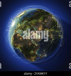 Pianeta Terra estremamente dettagliato di notte, illuminato da dietro il sole della sera, con continenti goffrati, illuminato dalla luce delle città, traslucido e rif Foto Stock