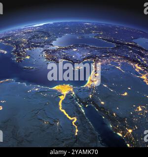 Pianeta notturno Terra con dettagli precisi in rilievo e luci della città illuminate dalla luce della luna. Africa e Medio Oriente. Elementi di questa immagine forniti da Foto Stock