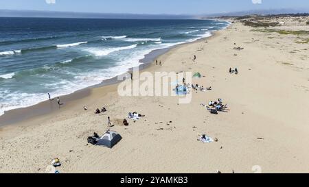 I nuotatori scivolano attraverso le onde cristalline al largo della costa californiana, sotto un sole dorato in una perfetta giornata estiva, dipingendo un ambiente acquatico sereno Foto Stock