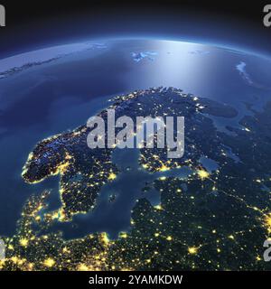 Pianeta notturno Terra con dettagli precisi in rilievo e luci della città illuminate dalla luce della luna. Europa. Scandinavia. Elementi di questa immagine forniti da NAS Foto Stock