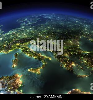 Terra estremamente dettagliata, illuminata dalla luce della luna. Il bagliore delle città fa luce sui dettagli del terreno esagerato e sull'acqua traslucida dell'oceano Foto Stock