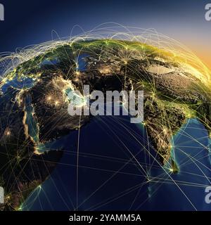Pianeta Terra estremamente dettagliato di notte con continenti goffrati, illuminati dalla luce delle città, oceano traslucido e riflettente. La terra è circondata Foto Stock