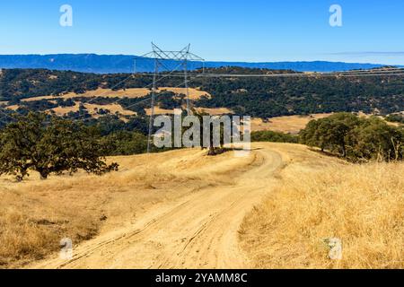 Una strada sterrata si snoda attraverso le colline dorate del Joseph D. Grant County Park, con torreggianti linee elettriche che si estendono attraverso il paesaggio panoramico e distan Foto Stock