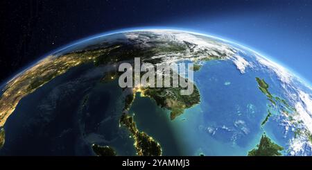 Terra estremamente dettagliata con atmosfera, sollievo esagerato e città inondate di luce. Passaggio dalla notte al giorno. Asia. Penisola dell'Indocina. Rendering 3D. Foto Stock