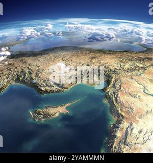 Frammenti altamente dettagliati del pianeta Terra con rilievo esagerato, oceano traslucido, illuminato dal sole mattutino. Cipro, Siria e Turchia. El Foto Stock