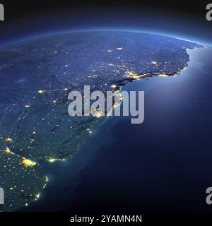 Pianeta notturno Terra con dettagli precisi in rilievo e luci della città illuminate dalla luce della luna. Sud America. Rio de la Plata. Elementi di questa immagine furni Foto Stock