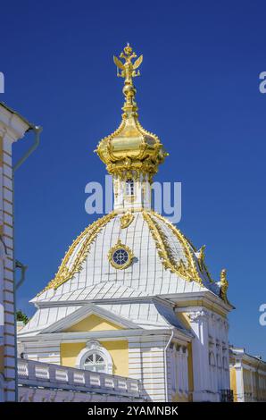 Primo piano della cupola con l'aquila russa a Peterhof, San Pietroburgo, Russia, Europa Foto Stock