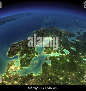 Terra estremamente dettagliata, illuminata dalla luce della luna. Il bagliore delle città fa luce sui dettagli del terreno esagerato. Notte Terra. Europa. Scandinavia. Foto Stock