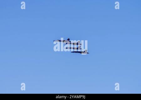 I Blue Angels della Marina americana hanno una precisione nel deserto della California, praticando un'intricata formazione volando al Naval Air Field El Centro per la upco Foto Stock