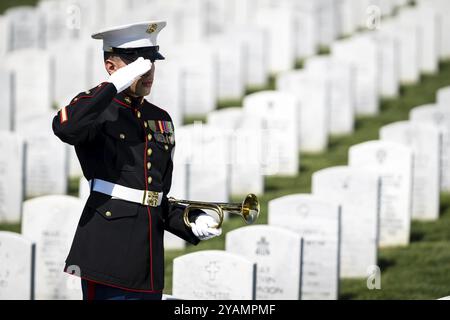 Un momento toccante si svolge mentre un Marine gioca a rubinetti, onorando un veterano caduto con un solenne saluto, segnando il loro internamento in un ceme militare nazionale Foto Stock