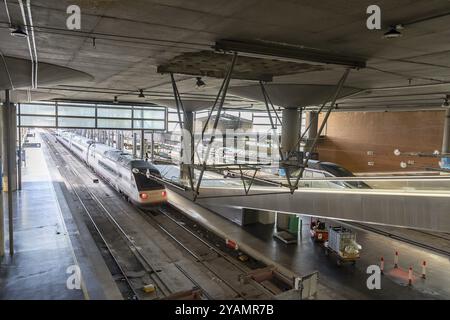 Il treno ad alta velocità arriva a Madrid Atocha, hub per i treni pendolari e regionali, nonché servizi AVE in tutta la Spagna Foto Stock