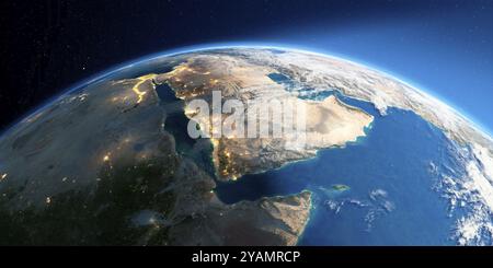 Terra estremamente dettagliata con atmosfera, sollievo esagerato e città inondate di luce. Passaggio dalla notte al giorno. Arabia Saudita. Rendering 3D. Elementi Foto Stock