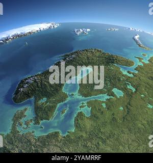 Pianeta Terra molto dettagliato al mattino. Un sollievo esagerato e preciso al sole del mattino. Terra dettagliata. Europa. Scandinavia. Elementi di questa immagine f Foto Stock