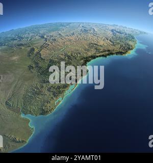 Pianeta Terra molto dettagliato al mattino. Un sollievo esagerato e preciso al sole del mattino. Terra dettagliata. Sud America. Rio de la Plata. Elementi di t Foto Stock