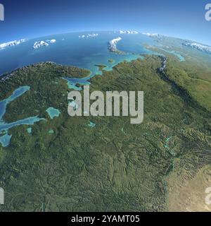 Pianeta Terra molto dettagliato al mattino. Un sollievo esagerato e preciso al sole del mattino. Terra dettagliata. Parte europea della Russia. Elementi di questo ima Foto Stock