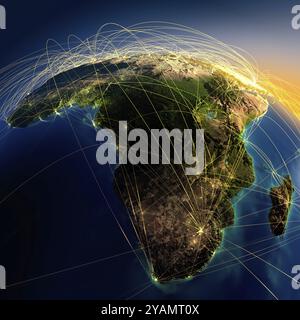 Pianeta Terra estremamente dettagliato di notte con continenti goffrati, illuminati dalla luce delle città, oceano traslucido e riflettente. La terra è circondata Foto Stock