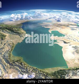 Frammenti altamente dettagliati del pianeta Terra con rilievo esagerato, oceano traslucido e nuvole, illuminati dal sole del mattino. Mar Caspio. Elem Foto Stock