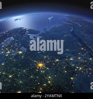 Pianeta notturno Terra con dettagli precisi in rilievo e luci della città illuminate dalla luce della luna. Parte europea della Russia. Elementi di questa immagine forniti da Foto Stock