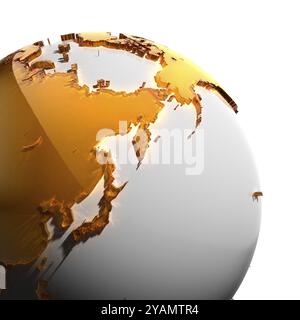 Un frammento del globo con continenti di vetro ambrato dalle sfaccettature spesse, che cade sulla luce dura, creando un riflesso caustico sui volti. Isolato su wh Foto Stock