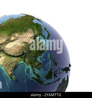 Terra con acqua traslucida negli oceani e la topografia dettagliata dei continenti. Un frammento dell'Asia e dell'Oceania. Isolato su bianco Foto Stock