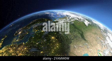 Terra estremamente dettagliata con atmosfera, sollievo esagerato e città inondate di luce. Passaggio dalla notte al giorno. Parte europea della Russia. Rendering 3D. Foto Stock