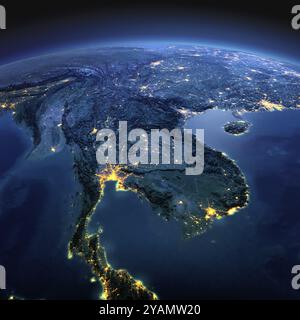 Pianeta notturno Terra con dettagli precisi in rilievo e luci della città illuminate dalla luce della luna. Penisola dell'Indocina. Elementi di questa immagine forniti da NAS Foto Stock