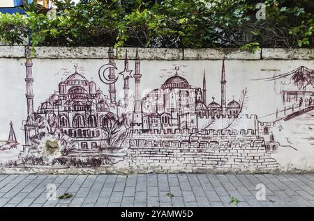 Graffiti con simboli e monumenti turchi su un muro a Istanbul, Turchia, Asia Foto Stock