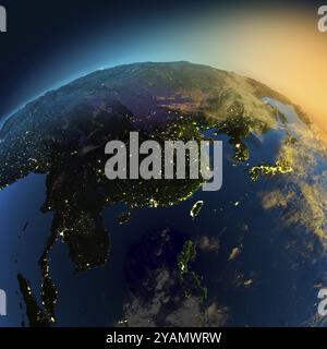 Vista notturna dell'Asia dal satellite alle luci scintillanti delle città all'alba da est Foto Stock