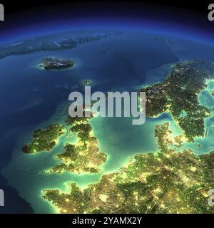 Terra estremamente dettagliata, illuminata da luce di luna. Il bagliore delle città illumina il terreno esagerato e dettagliato. Notte. Regno Unito e la NOR Foto Stock