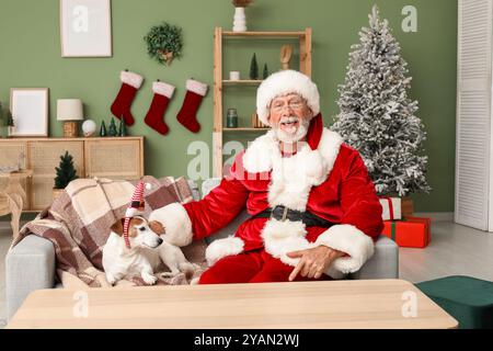 Babbo Natale con il simpatico cane Jack Russell Terrier con fascia con cappello Elf che celebra il Natale sul divano di casa Foto Stock