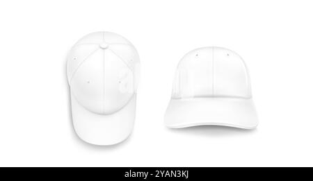 Mockup cappellino da baseball bianco davanti e dall'alto. Set di illustrazioni vettoriali 3d realistiche con cappello vuoto con modello di visiera per il branding aziendale. Modello accessorio uniforme sportiva. Copricapo in tessuto estivo. Illustrazione Vettoriale