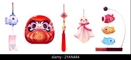 Bambola cinese daruma, nappina a nodo e set di decorazioni vettoriali di carpa fortunata. Elemento Koinobori con giocattolo fantasma sospeso. Cultura giapponese artigianato tradizionale. Maschera e fortuna sulla corda per l'illustrazione di festival asiatici Illustrazione Vettoriale