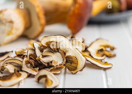Funghi porcini secchi. Bolo a fette su un tavolo bianco. Foto Stock