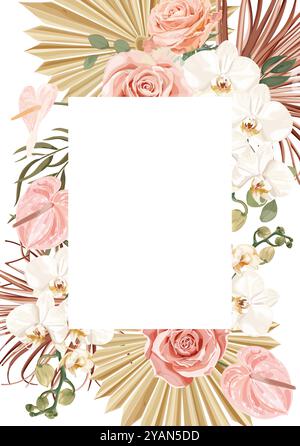 Una cornice vettoriale per matrimoni in stile boho con fiori rose rosa, orchidee bianche, antouri, foglie di palma essiccate e piante tropicali. Illustrazione Vettoriale