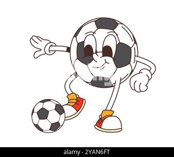 Cartoon retro Groovy calcio personaggio giocare a calcio, vettoriale divertente fumetto art. Personaggio di un cartoni animati o di un pallone da calcio retrò con il volto felice che gioca a un match goal sportivo per emoji stravaganti Illustrazione Vettoriale